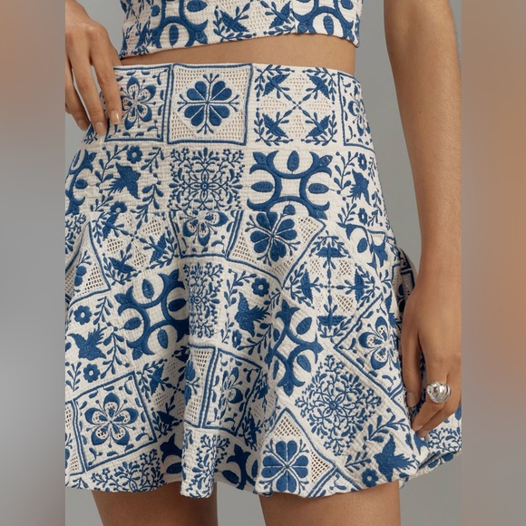 Anthropologie Maeve Blue and White Embroidered Tile Print Skirt & Crop Top Set - Picture 12 of 16